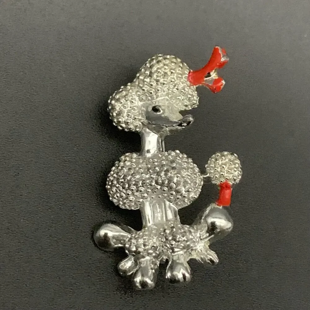 Vintage Poodle with Red Bow Brooch